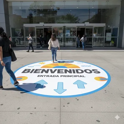 Entrada de edificio con una Impresión de viniles floor graphic en el suelo para señalizar el paso